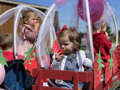 Lovely little ones dressed in their strawberry best ride in decorated wagons in the Strawberry Float Parade at the Great Country Farms Strawberry Festival